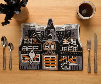 Haunted House Beaded Placemat – Handmade Halloween Table Mat – Spooky Ghost Cat Decor – Gothic Fall Dining Accent - Tampa Home & Garden Store