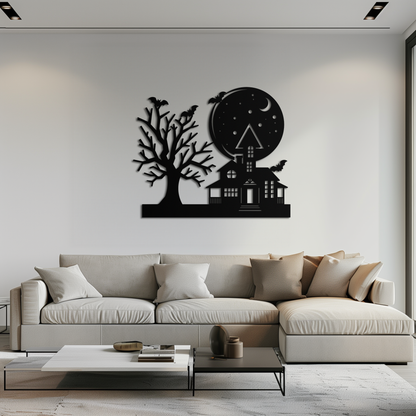 Haunted House and Bat Halloween Metal Wall Art – Spooky Full Moon Scene in Matte Black- KAF370 - Tampa Home & Garden Store