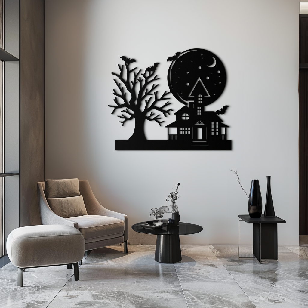 Haunted House and Bat Halloween Metal Wall Art – Spooky Full Moon Scene in Matte Black- KAF370 - Tampa Home & Garden Store