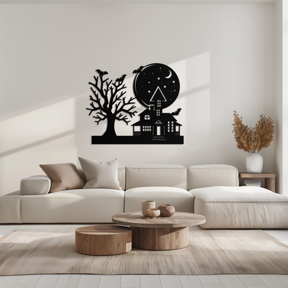 Haunted House and Bat Halloween Metal Wall Art – Spooky Full Moon Scene in Matte Black- KAF370 - Tampa Home & Garden Store