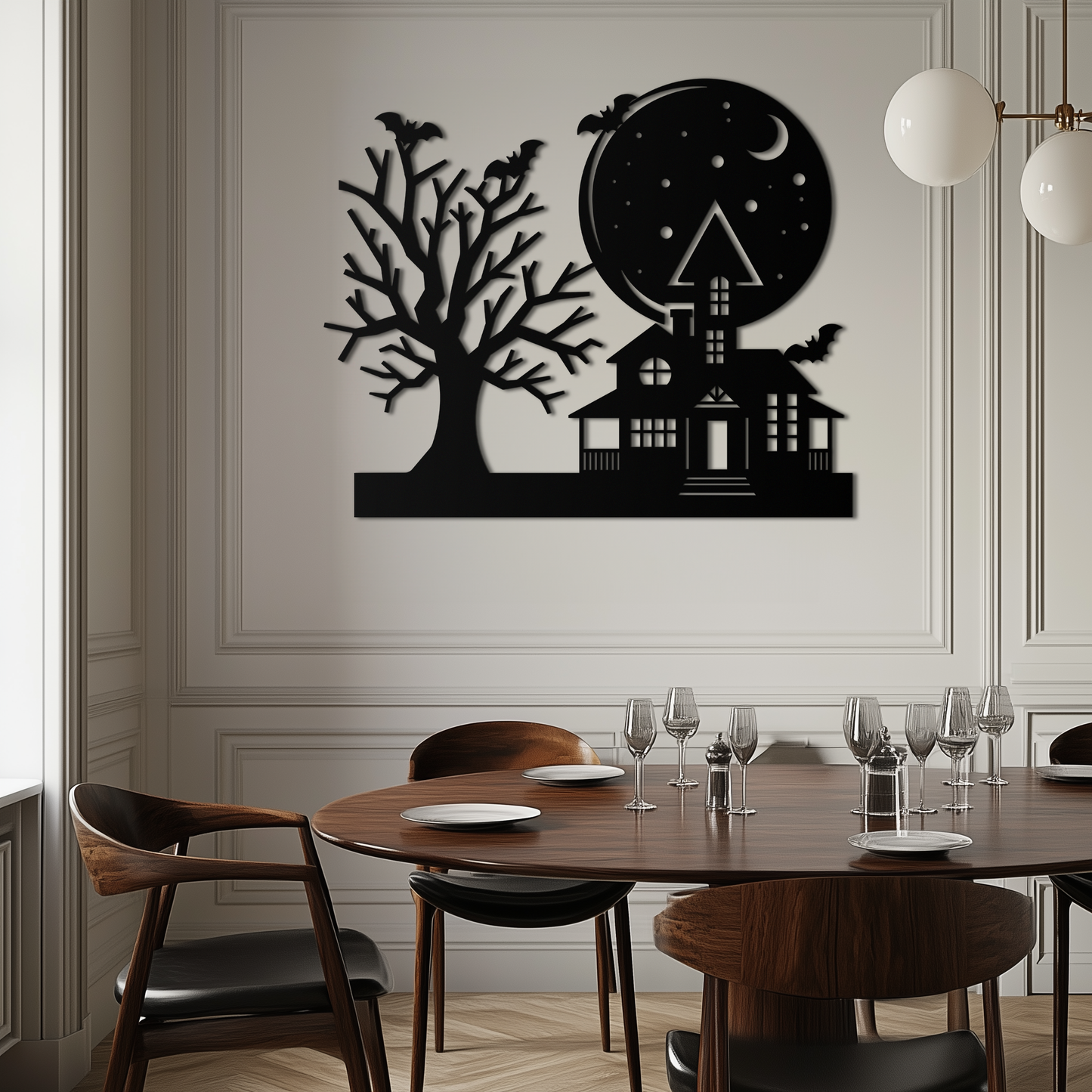 Haunted House and Bat Halloween Metal Wall Art – Spooky Full Moon Scene in Matte Black- KAF370 - Tampa Home & Garden Store