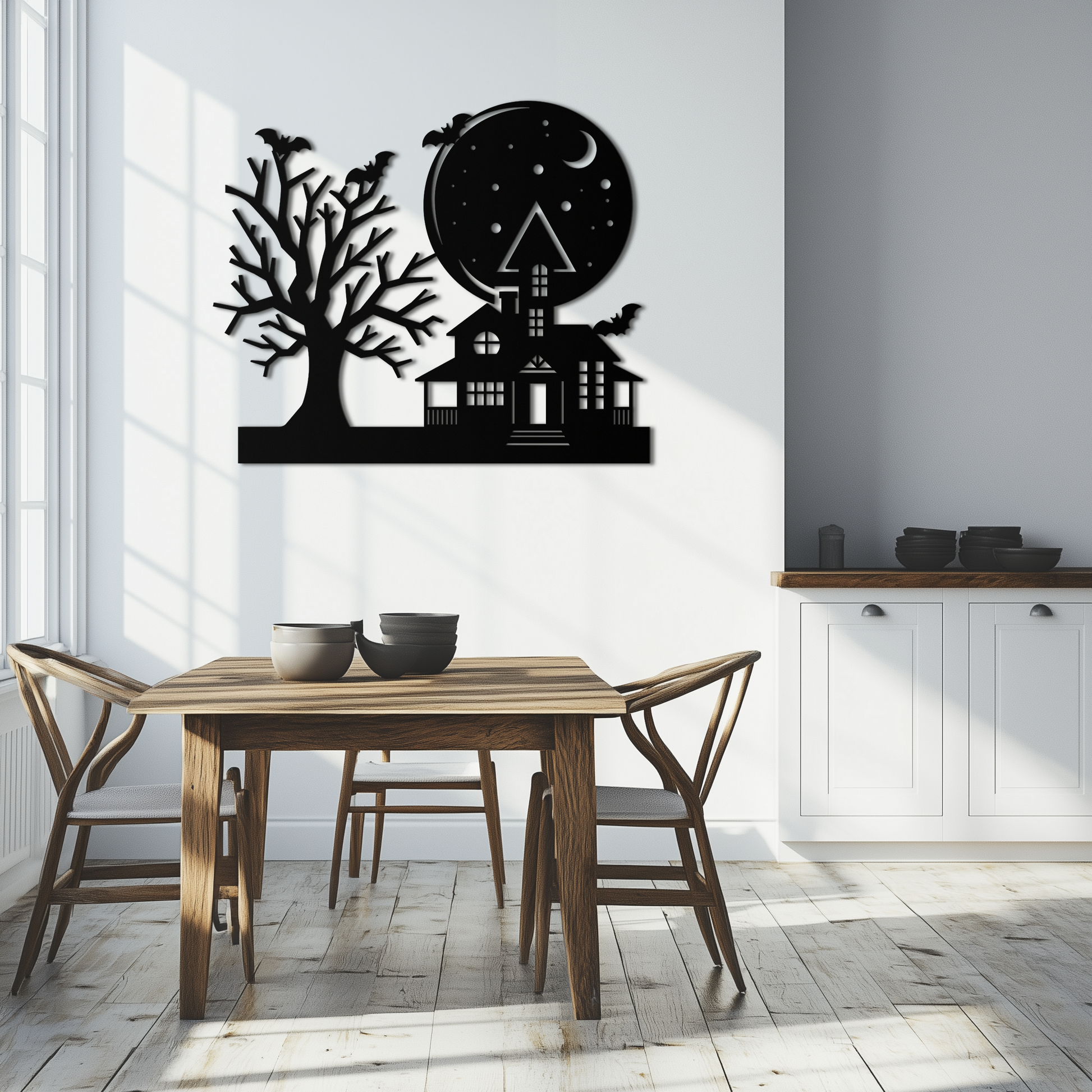 Haunted House and Bat Halloween Metal Wall Art – Spooky Full Moon Scene in Matte Black- KAF370 - Tampa Home & Garden Store