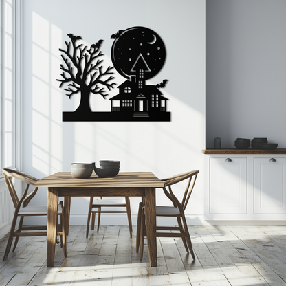 Haunted House and Bat Halloween Metal Wall Art – Spooky Full Moon Scene in Matte Black- KAF370 - Tampa Home & Garden Store