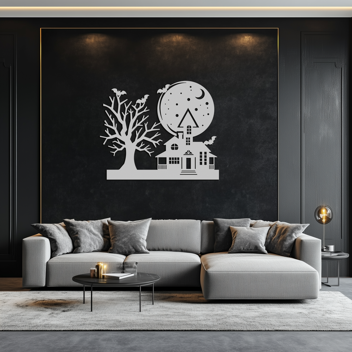 Haunted House and Bat Halloween Metal Wall Art – Spooky Full Moon Scene in Matte Black- KAF370 - Tampa Home & Garden Store
