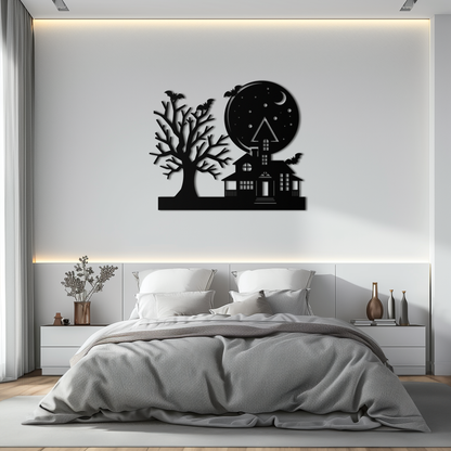 Haunted House and Bat Halloween Metal Wall Art – Spooky Full Moon Scene in Matte Black- KAF370 - Tampa Home & Garden Store