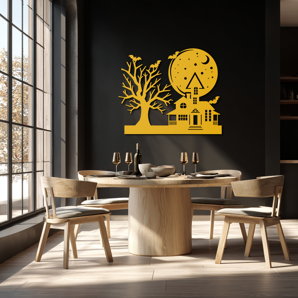 Haunted House and Bat Halloween Metal Wall Art – Spooky Full Moon Scene in Matte Black- KAF370 - Tampa Home & Garden Store