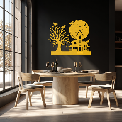 Haunted House and Bat Halloween Metal Wall Art – Spooky Full Moon Scene in Matte Black- KAF370 - Tampa Home & Garden Store