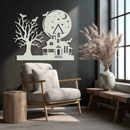 Haunted House and Bat Halloween Metal Wall Art – Spooky Full Moon Scene in Matte Black- KAF370 - Tampa Home & Garden Store
