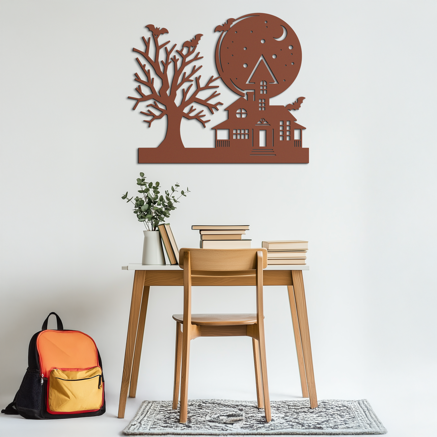 Haunted House and Bat Halloween Metal Wall Art – Spooky Full Moon Scene in Matte Black- KAF370 - Tampa Home & Garden Store