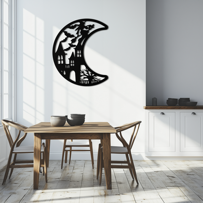 Haunted Moon Halloween Metal Wall Art - Witch & Castle Silhouette - KAF274 - Tampa Home & Garden Store