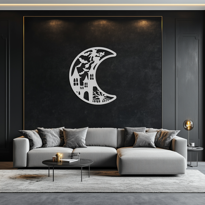 Haunted Moon Halloween Metal Wall Art - Witch & Castle Silhouette - KAF274 - Tampa Home & Garden Store