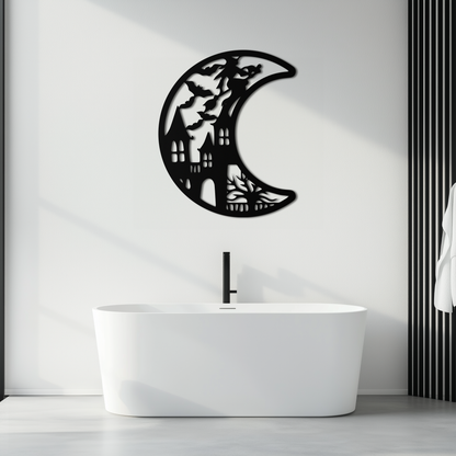 Haunted Moon Halloween Metal Wall Art - Witch & Castle Silhouette - KAF274 - Tampa Home & Garden Store