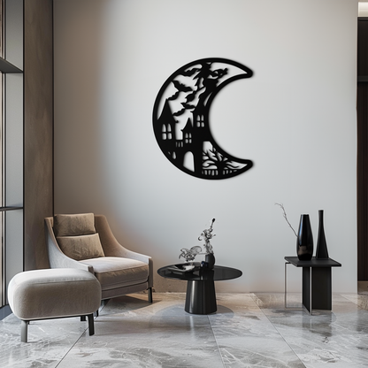 Haunted Moon Halloween Metal Wall Art - Witch & Castle Silhouette - KAF274 - Tampa Home & Garden Store