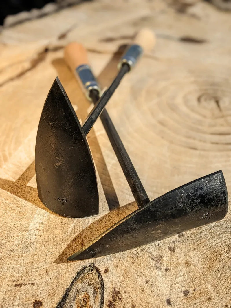 Hawk's Bill Weeder garden tools pair with black steel blades and blue-grip wooden handles on Tampa Home & Garden Store