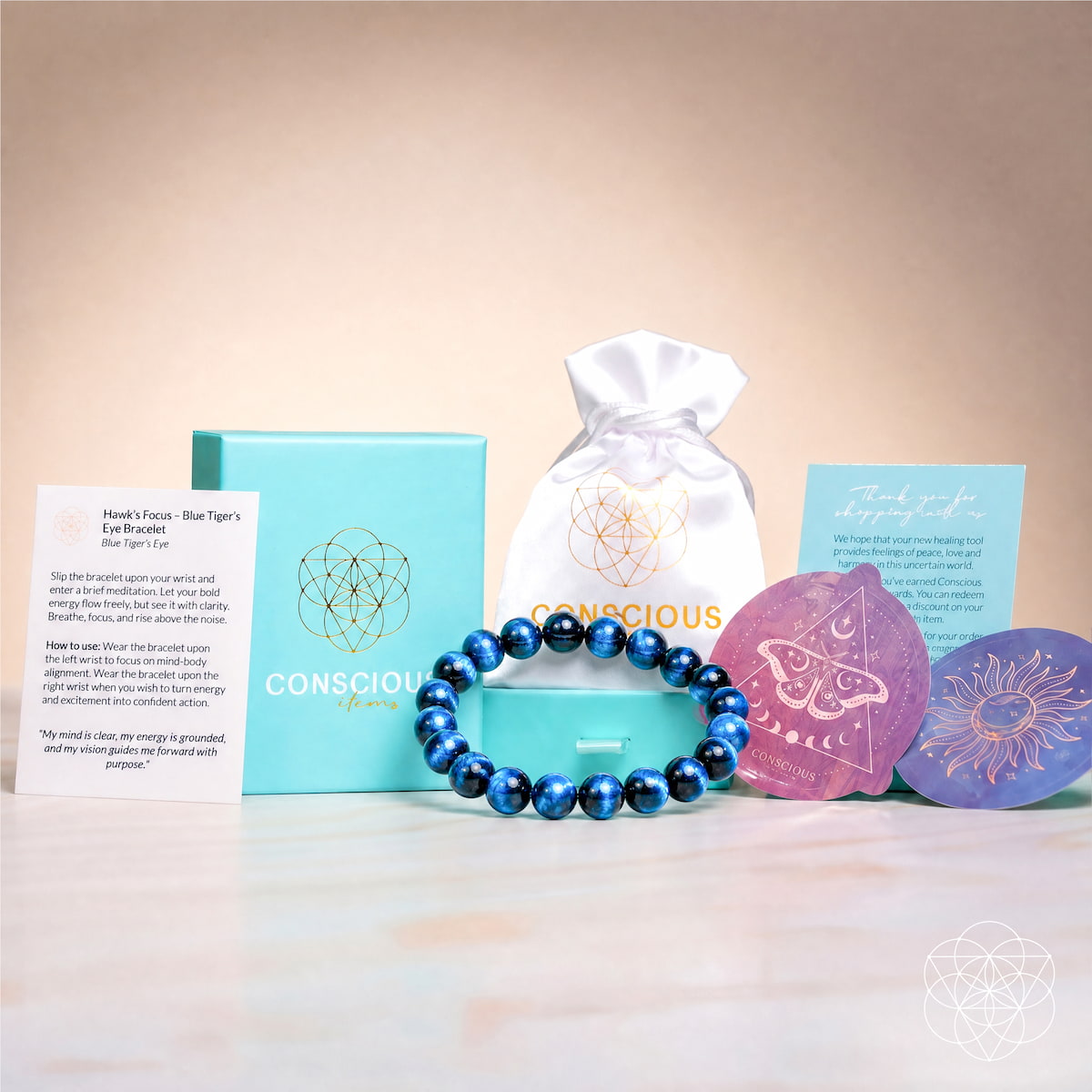 Hawk's Focus Royal Blue Tiger Eye Bracelet beaded elastic by Conscious Items with packaging on Tampa Home & Garden Store