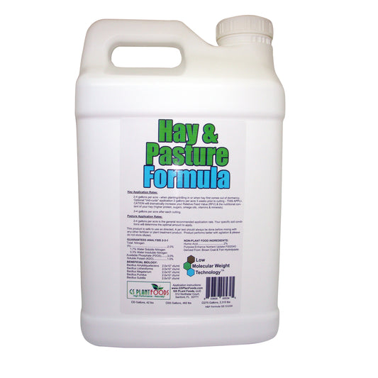 Hay & Pasture Formula pasture fertilizer bottle, white jug with GS Plant Foods label on Tampa Home & Garden Store