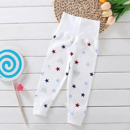 Stevvex white cotton baby pants with navy and red star prints, high waist newborn trousers on Tampa Home & Garden Store