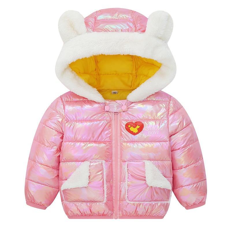Stevvex pink iridescent baby winter coat with white faux fur hood ears and yellow lining on Tampa Home & Garden Store