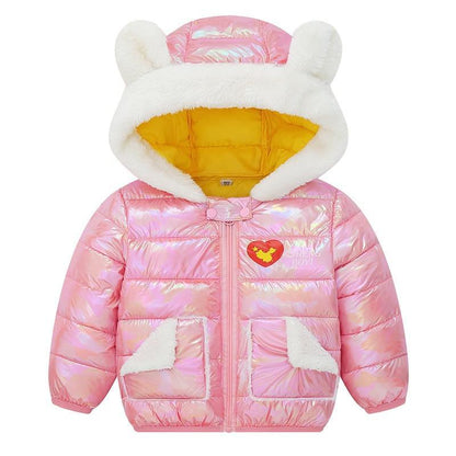 Stevvex pink iridescent baby winter coat with white faux fur hood ears and yellow lining on Tampa Home & Garden Store
