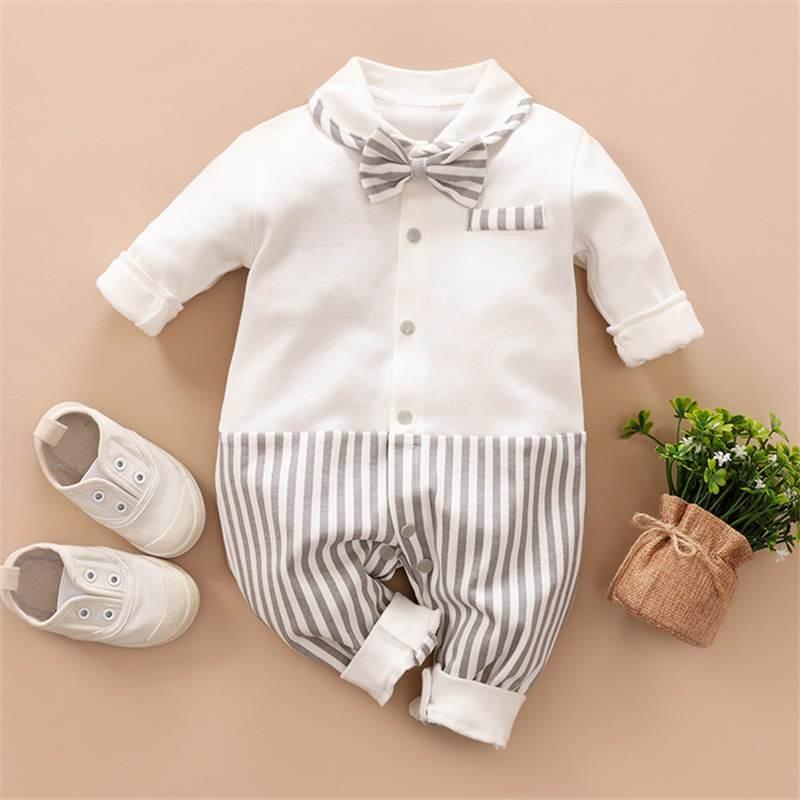 Stevvex baby boy romper white top gray striped pants bow tie, one-piece set on Tampa Home & Garden Store