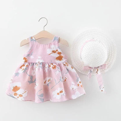 Luxury Modern Bow Print Dress With Hat For Baby