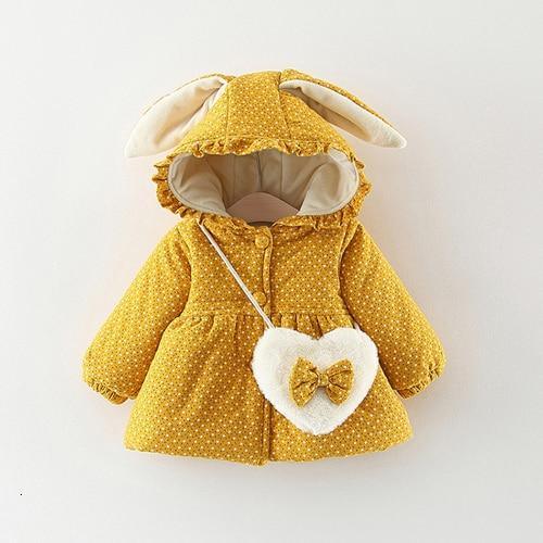Newborn girl floral hooded mustard jacket by Stevvex with bunny ears and white heart plush bag on Tampa Home & Garden Store