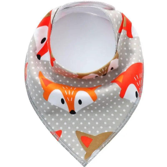 Stevvex baby bib triangle scarf cotton cartoon fox print on gray with white polka dots on Tampa Home & Garden Store
