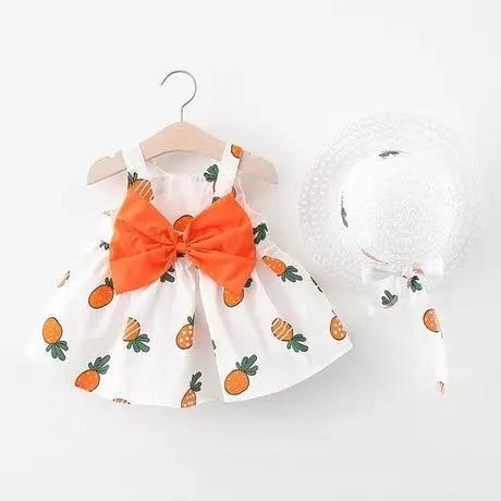 Luxury Modern Bow Print Dress With Hat For Baby