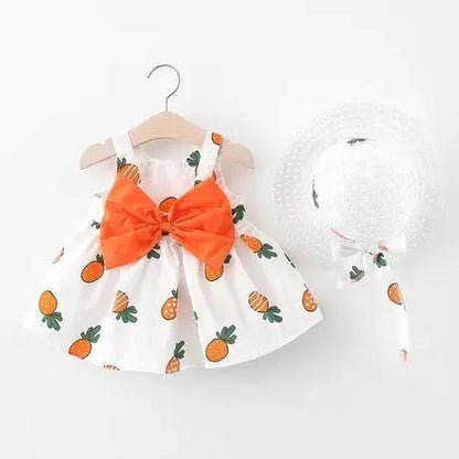 Luxury Modern Bow Print Dress With Hat For Baby