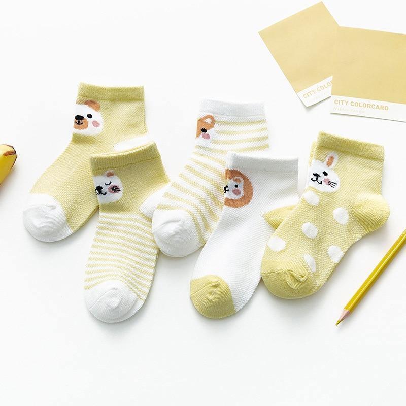 Cotton baby socks set by Stevvex with yellow stripes and animal faces on Tampa Home & Garden Store