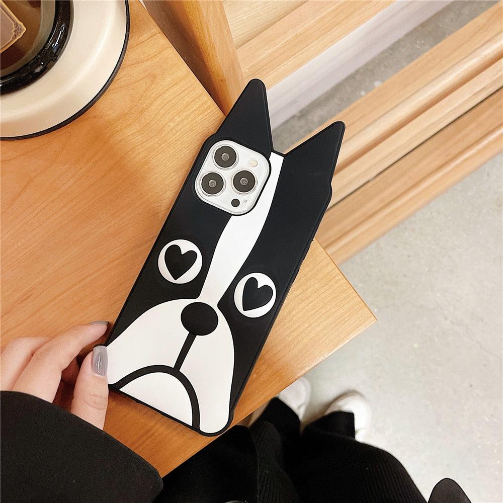 Silicone iPhone case with black and white cartoon dog face and 3D ears for iPhone 13 Pro on Tampa Home & Garden Store