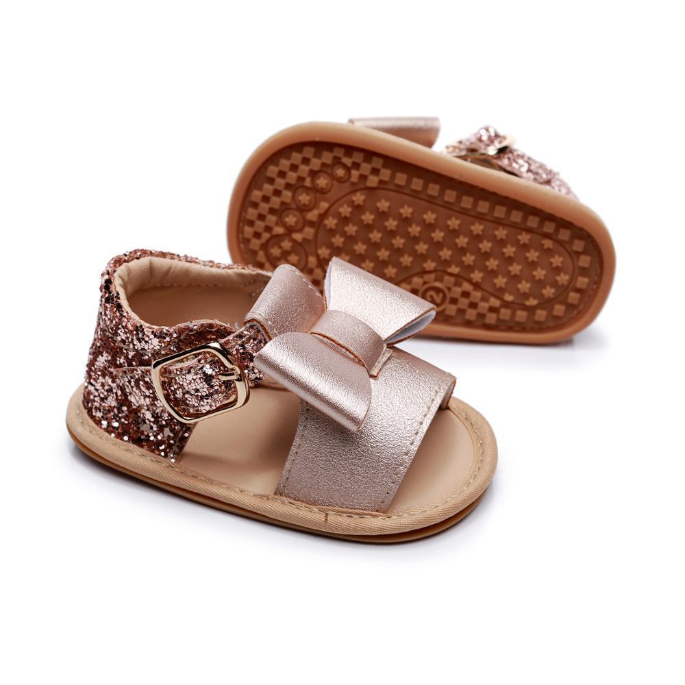 Baby girl sandal with rose gold PU leather, bowknot strap and glitter back strap, soft sole on Tampa Home & Garden Store