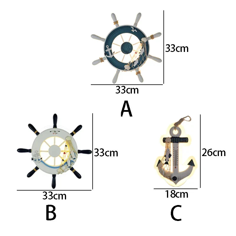 DecorBites Kids LED ship rudder wall light trio: blue wheel, white wheel, beige anchor on Tampa Home & Garden Store