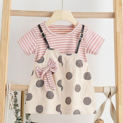 Stevvex 2-piece baby girl outfit: pink striped tee with beige polka suspender dress and bow on Tampa Home & Garden Store
