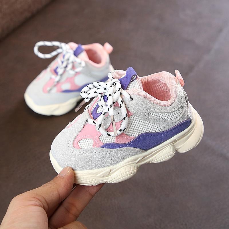 Baby toddler sneakers patchwork pink gray purple, lace-up Stevvex, soft bottom on Tampa Home & Garden Store