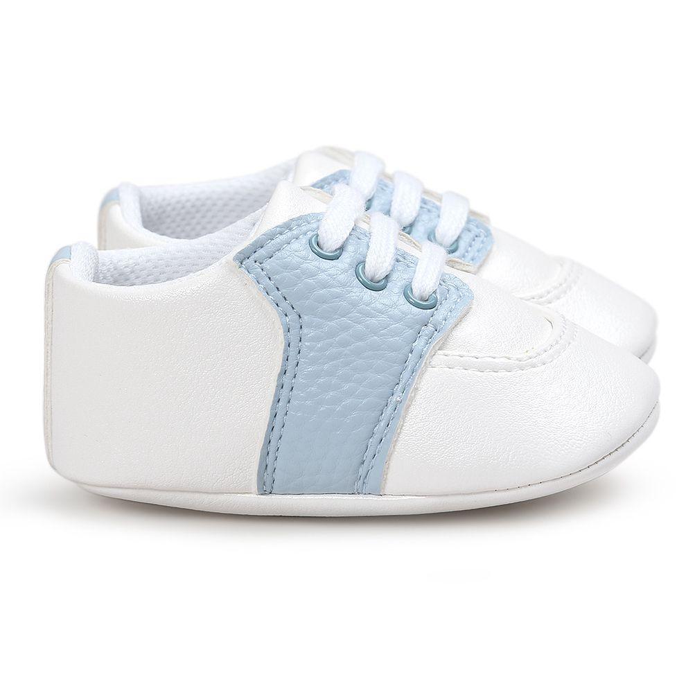 Newborn shoes Star First Walkers Stevvex, white PU leather with light blue panel, lace-up 0-18m on Tampa Home & Garden Store