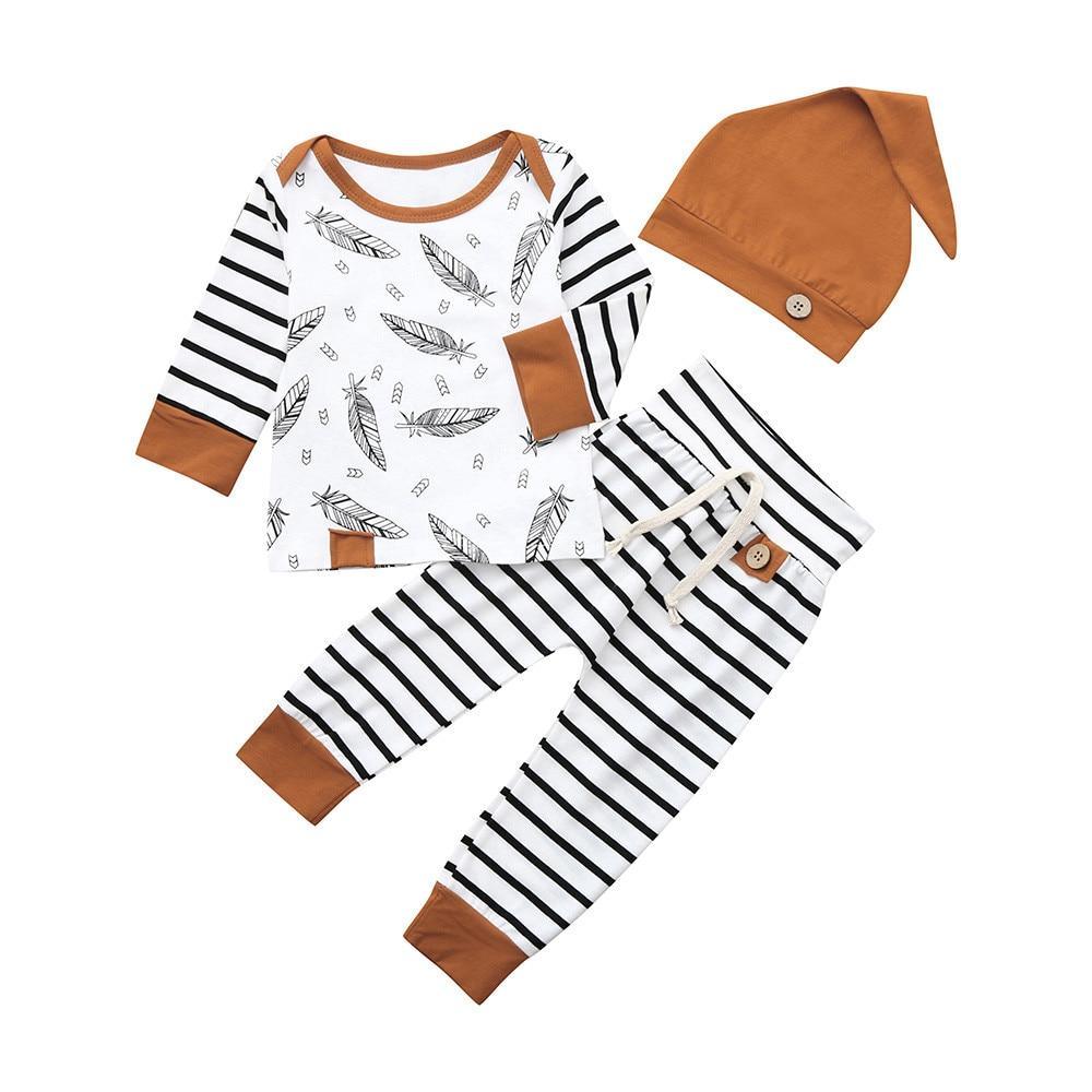 3-piece newborn boy outfit set feather print T shirt and striped pants brown trim Stevvex on Tampa Home & Garden Store