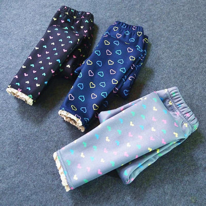 Stevvex kids thick leggings set of 3 black, navy and gray with heart prints and lace cuffs on Tampa Home & Garden Store
