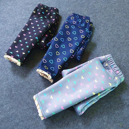 Stevvex kids thick leggings set of 3 black, navy and gray with heart prints and lace cuffs on Tampa Home & Garden Store