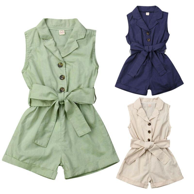 Stevvex girls romper jumpsuit set of three colors in green navy beige with waist-tie belts on Tampa Home & Garden Store