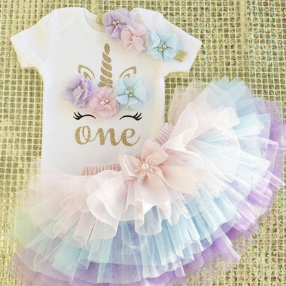 Stevvex unicorn tutu dress set for baby girls; white bodysuit with glitter unicorn and tutu bow on Tampa Home & Garden Store