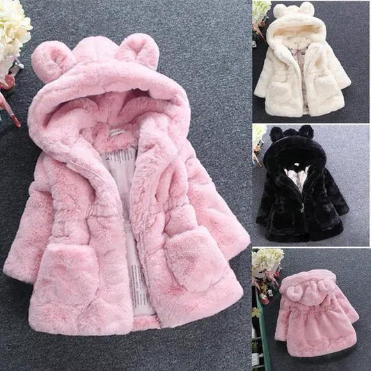 Stevvex winter baby girls hooded fleece puffer coat pink bear ears cream black on Tampa Home & Garden Store