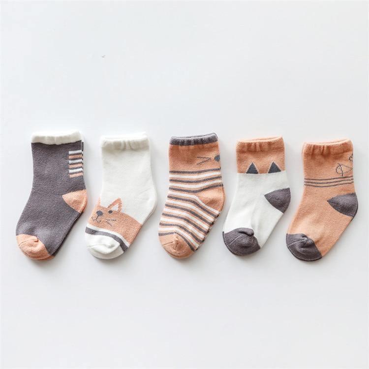 5Pcs newborn baby socks cotton set in peach, gray and white with striped and animal patterns on Tampa Home & Garden Store
