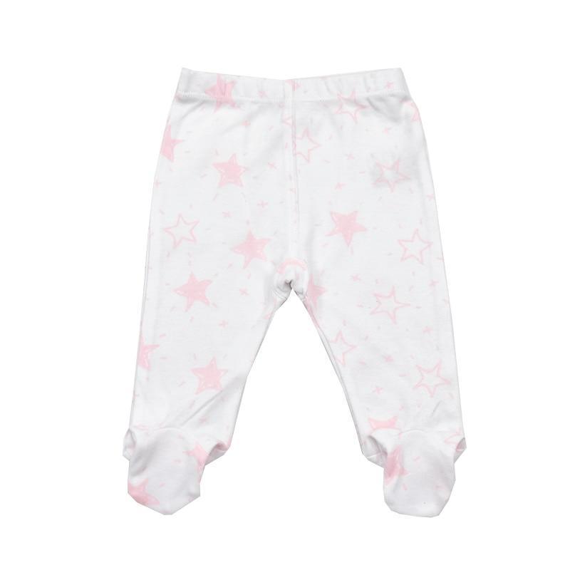 Stevvex baby footed trousers with pink star print on white cotton 0-18 months on Tampa Home & Garden Store