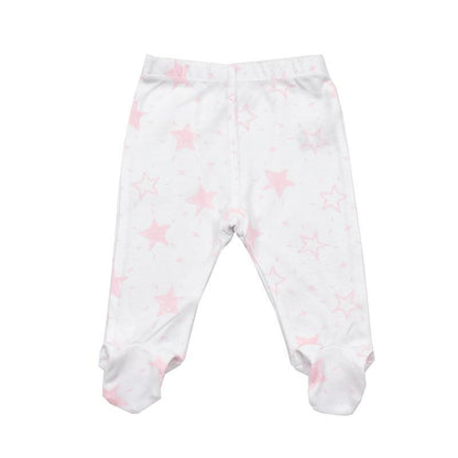 Stevvex baby footed trousers with pink star print on white cotton 0-18 months on Tampa Home & Garden Store