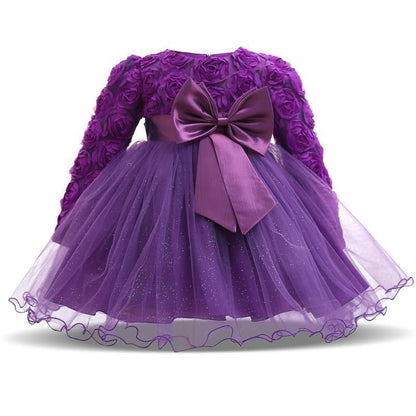 Stevvex purple baby christening dress with rose-embellished bodice and large satin bow on Tampa Home & Garden Store