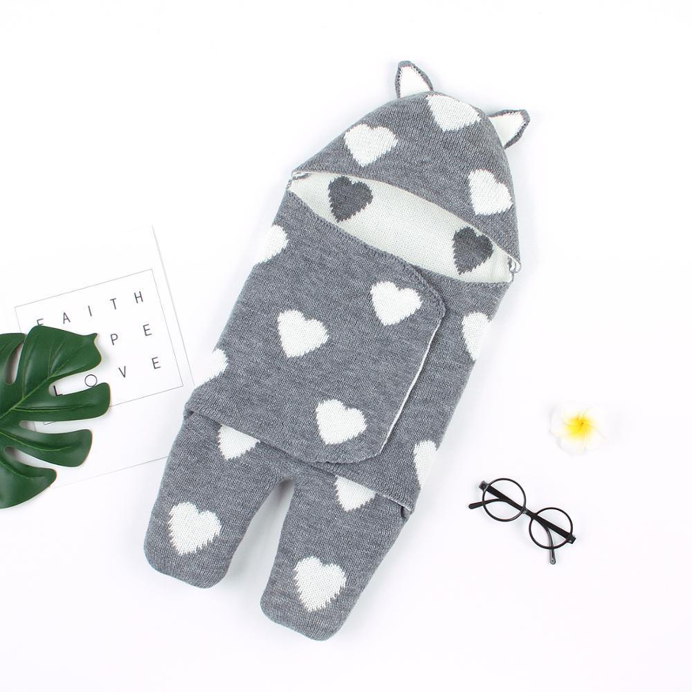 Stevvex baby sleeping bag knit envelope gray with white hearts, hooded for newborns on Tampa Home & Garden Store