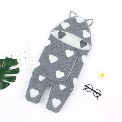 Stevvex baby sleeping bag knit envelope gray with white hearts, hooded for newborns on Tampa Home & Garden Store