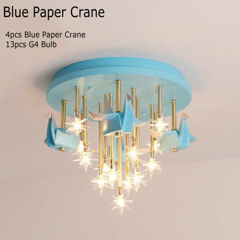 DecorBites blue paper crane ceiling light with multiple origami cranes and star LED bulbs on Tampa Home & Garden Store