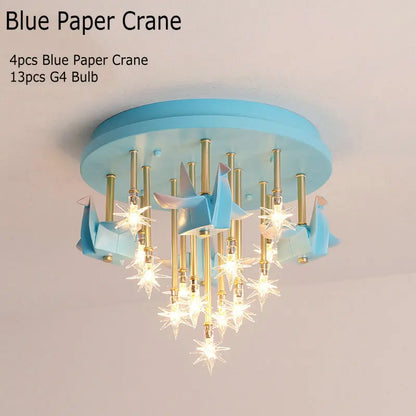 DecorBites blue paper crane ceiling light with multiple origami cranes and star LED bulbs on Tampa Home & Garden Store